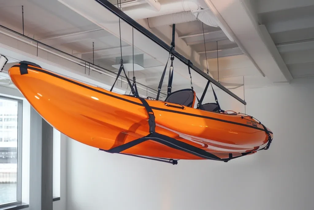 The ceiling-mounted canopy hung indoors with white walls