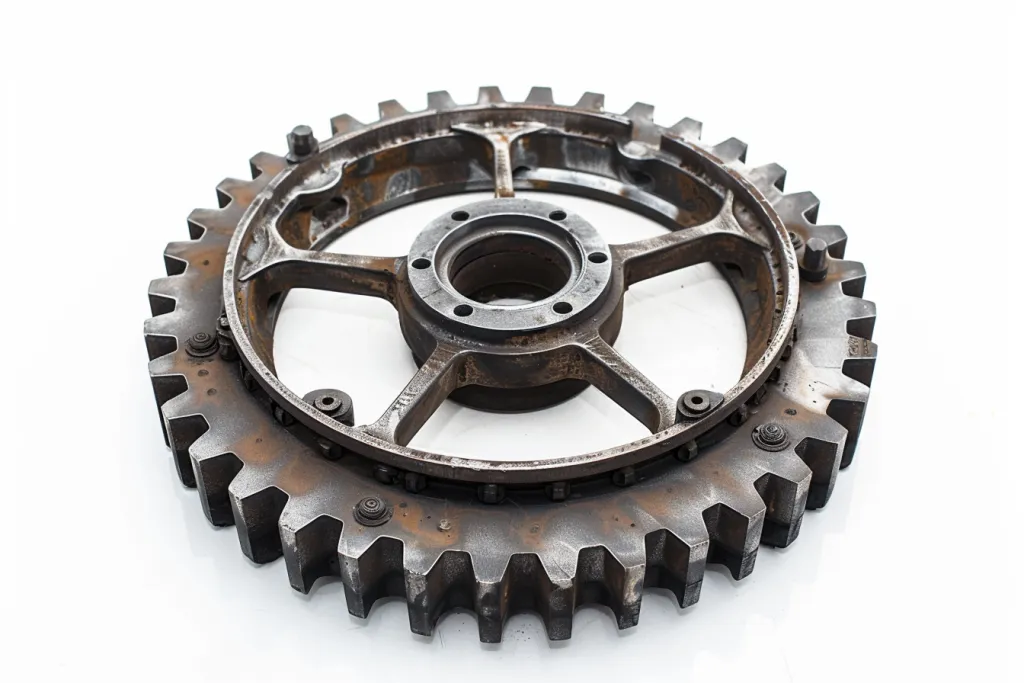 The flywheel is made of steel and has an outer edge