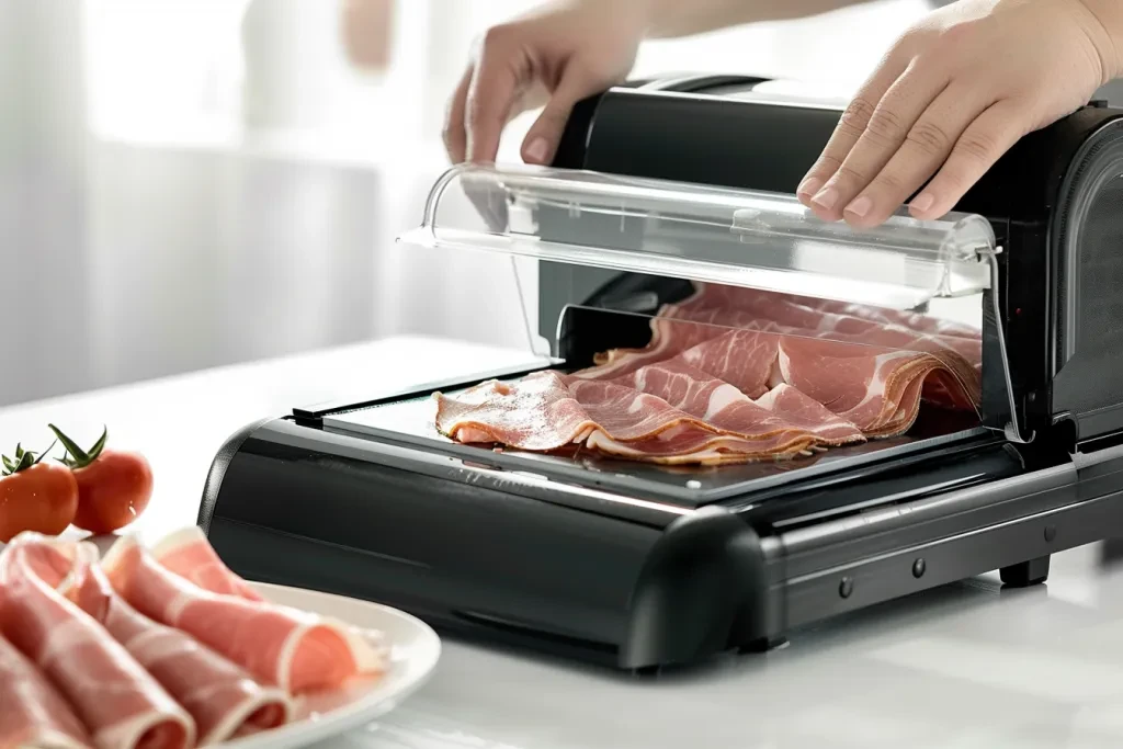 Esta máquina cortadora de jamón eléctrica está diseñada para realizar cortes precisos