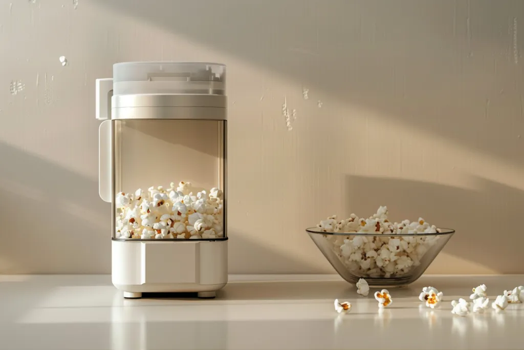 This high-contrast white popcorn machine is designed for easy use