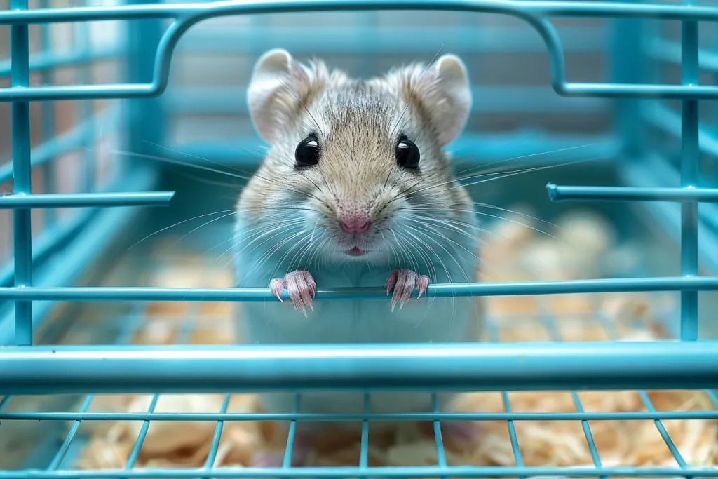 a hamster cage with blue plastic parts