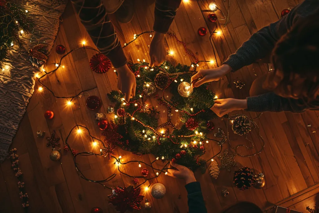 Deux mains installant des lumières de Noël sur le sol