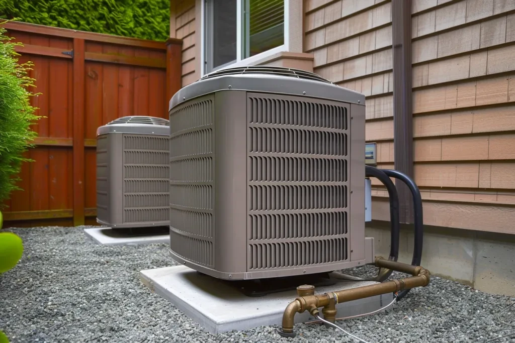 Two residential air conditioner condenser buildings with a grey gravel base