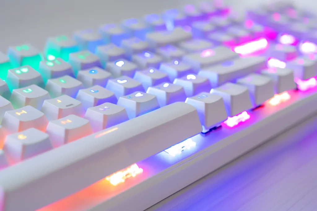 Keyboard putih dengan lampu latar LED warna-warni