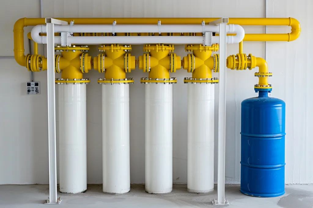 White water filter with yellow pipes and a blue cylinder