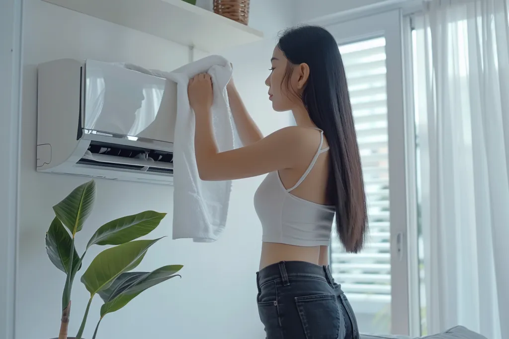 Young woman cleaning air conditioner with cloth in white room at home