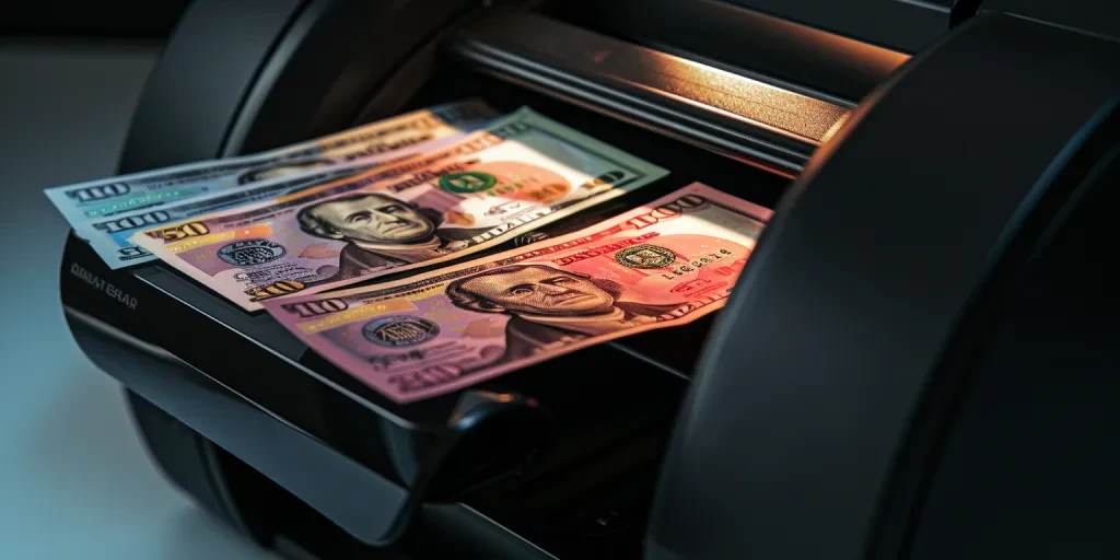 a black modern banknote counter with British notes coming out of it