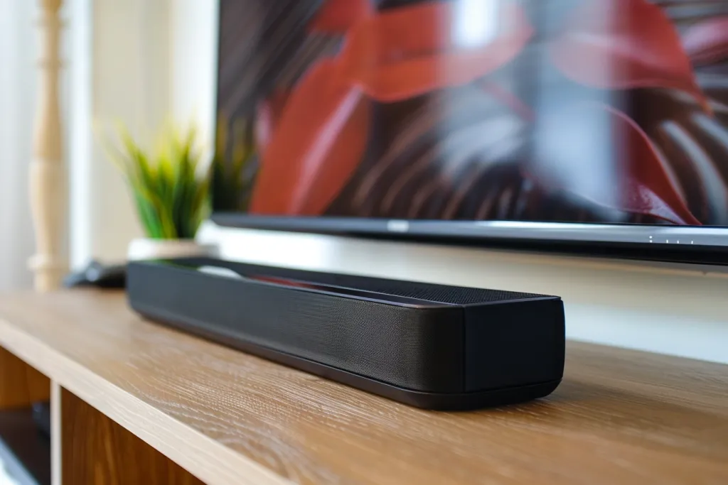 uma barra de som preta está em cima da mesa ao lado de uma TV de tela plana