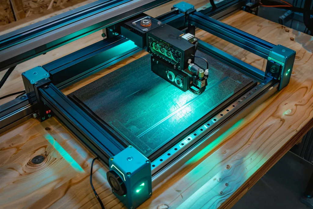 um pequeno gravador a laser azul com luzes LED verdes na lateral