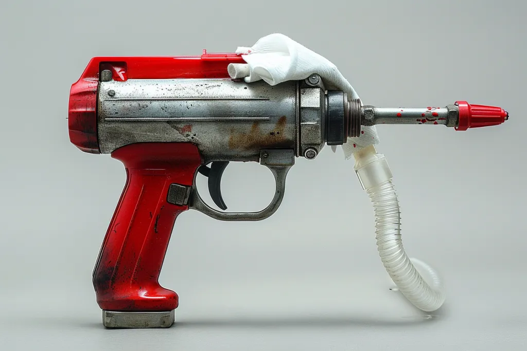 sand blaster with white cloth and red handle