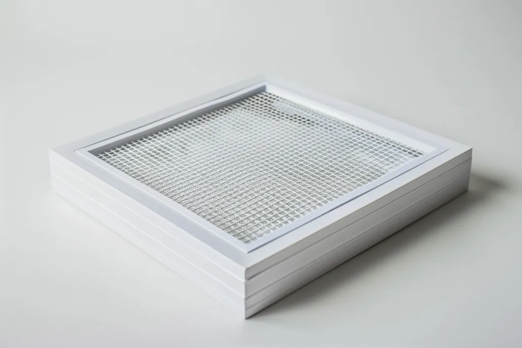 Filtro de aire de alta calidad con marco blanco y malla gris.