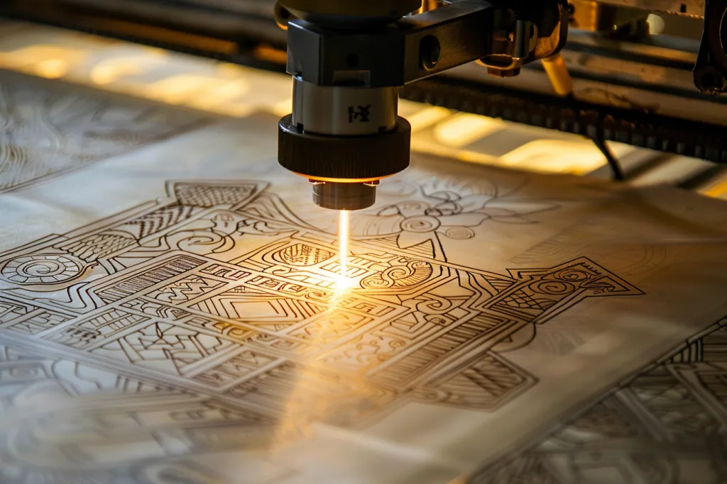Machine de gravure laser créant un design complexe sur du papier blanc