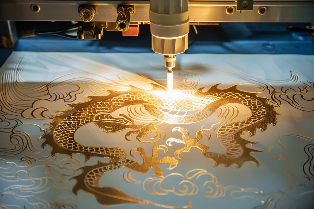 La máquina de grabado láser está impresa con láser en papel con un patrón de dragón chino.