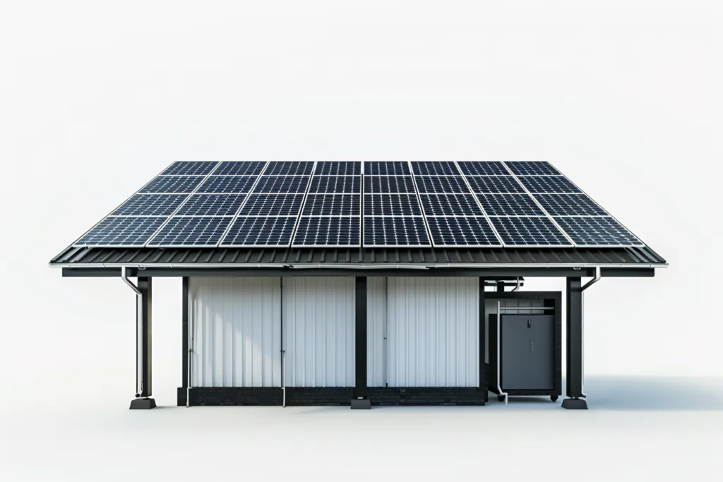 photovoltaic panels above a pitched roof on a white background