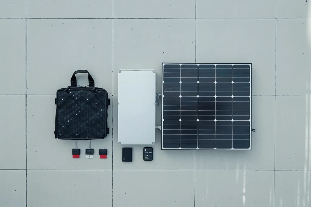 Produktfoto von Solarmodul und Akkupack auf weißem Hintergrund