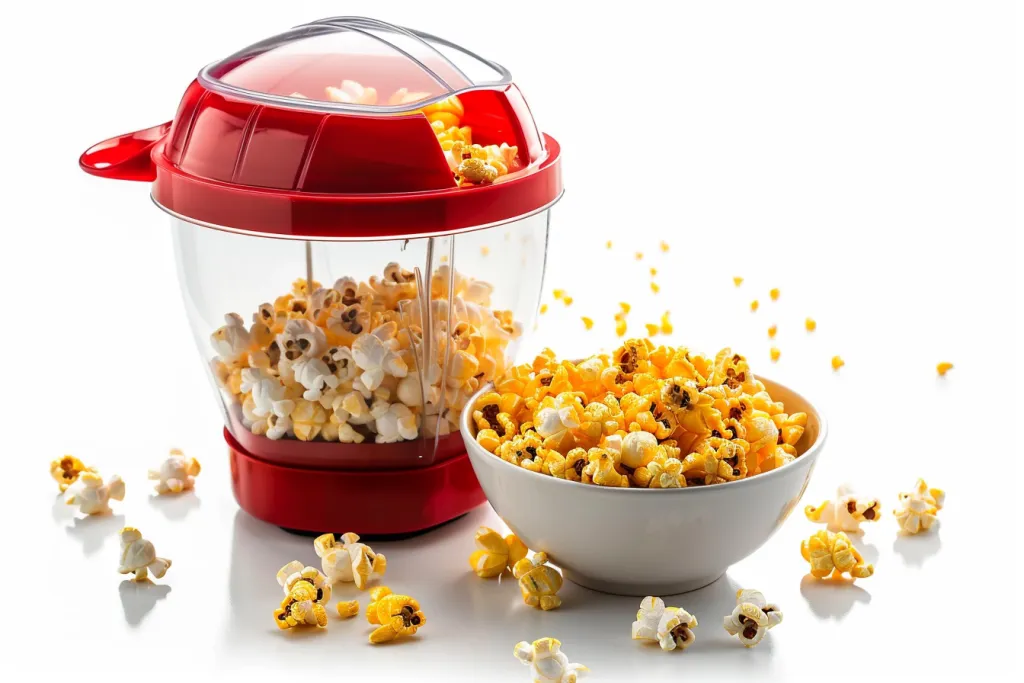 Roter Heißluft-Popcorn-Popper mit durchsichtigem Deckel und einer Schüssel Mais