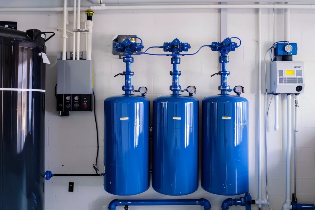 water filter installation with three blue tanks