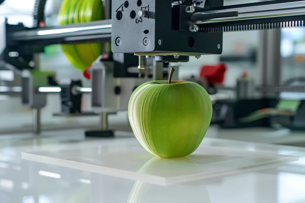 Imprimante 3D imprimant une pomme verte sur une table blanche