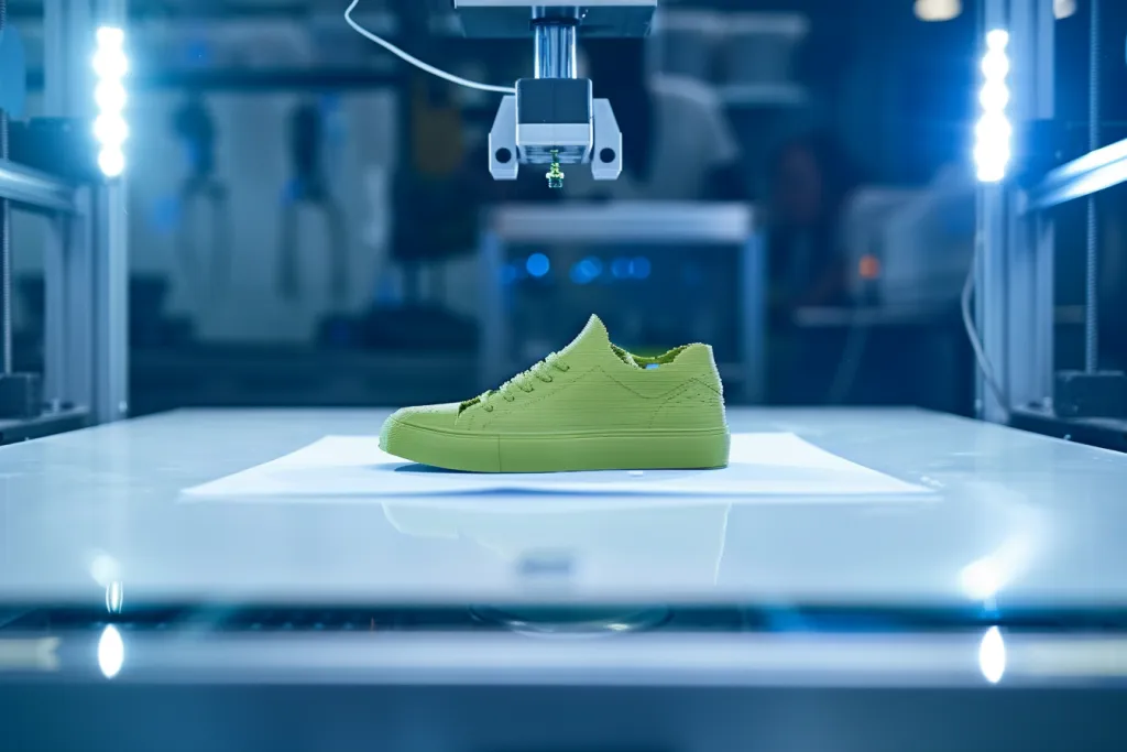 Imprimante 3D imprimant une chaussure verte sur du papier blanc