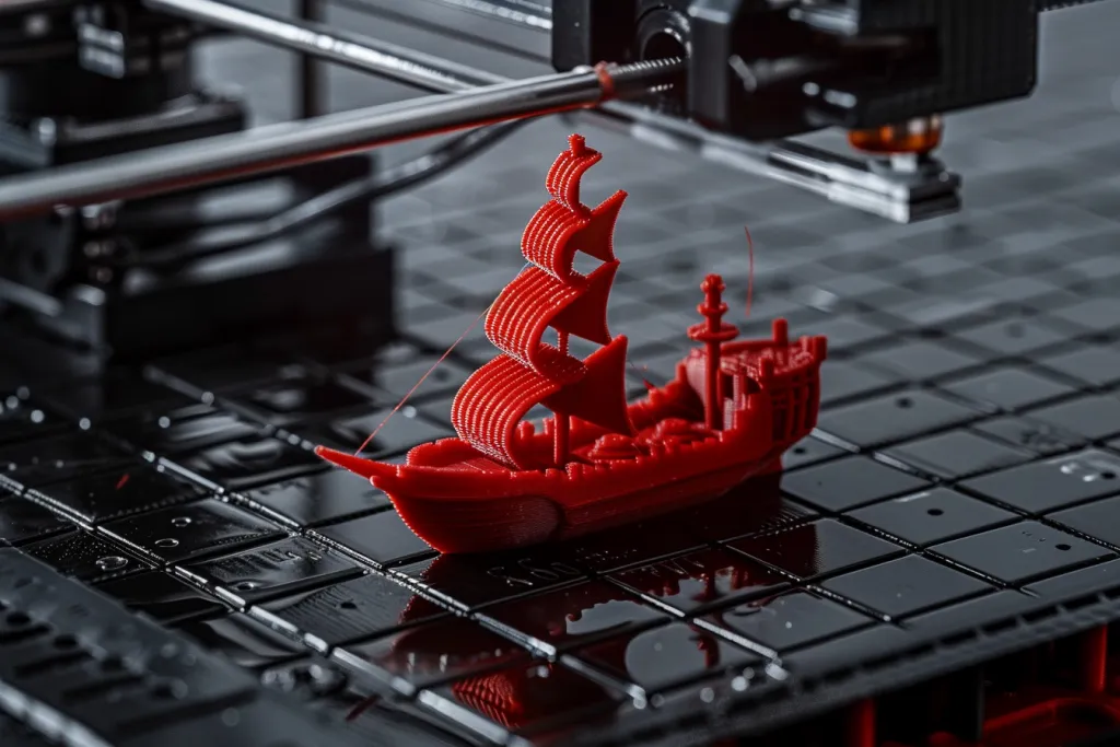 Imprimante 3D imprimant un bateau rouge sur un sol carrelé noir