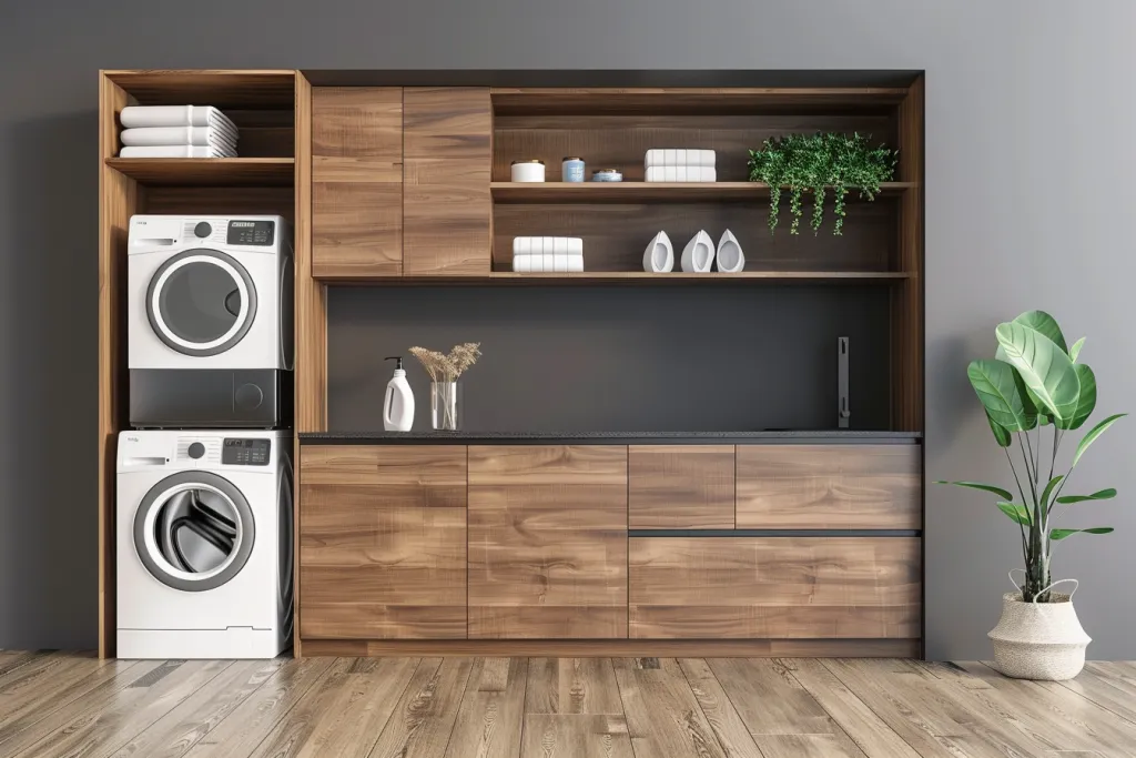 wooden cabinets, a washing machine and dryer stacked together