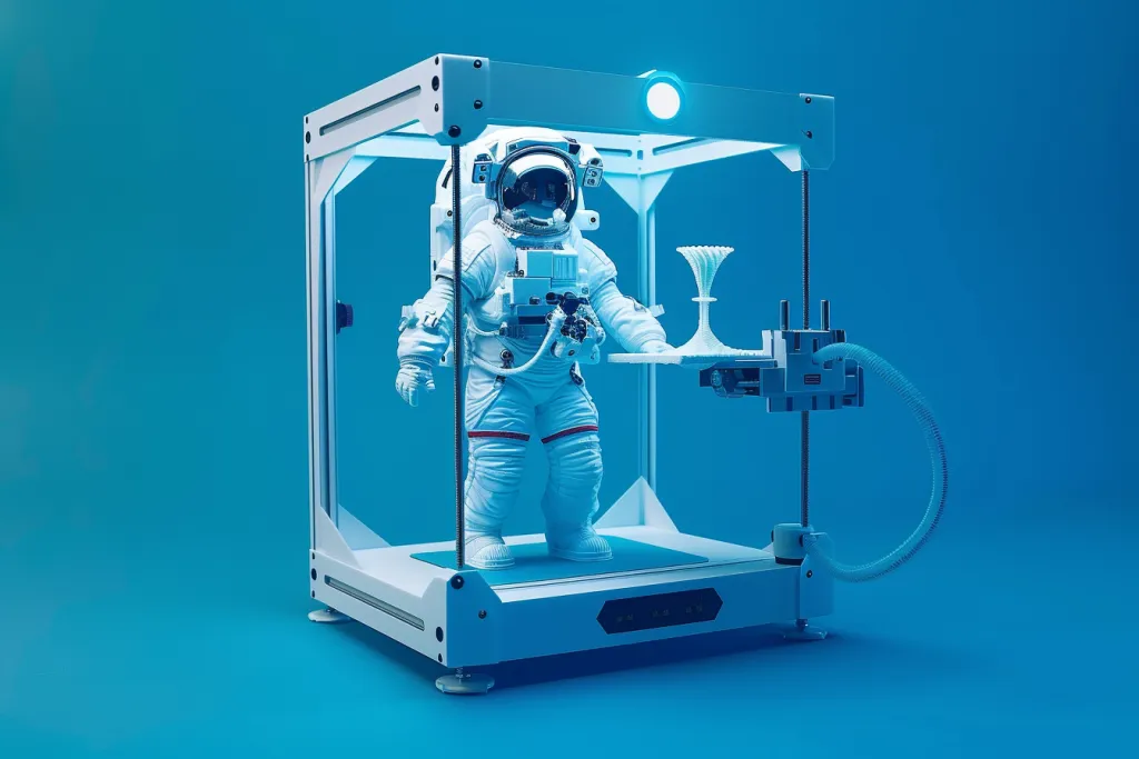 Printer 3d dengan astronot berdiri di atas cetakan