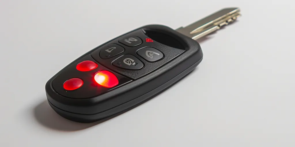 4 button remote key fob with red light on a white background