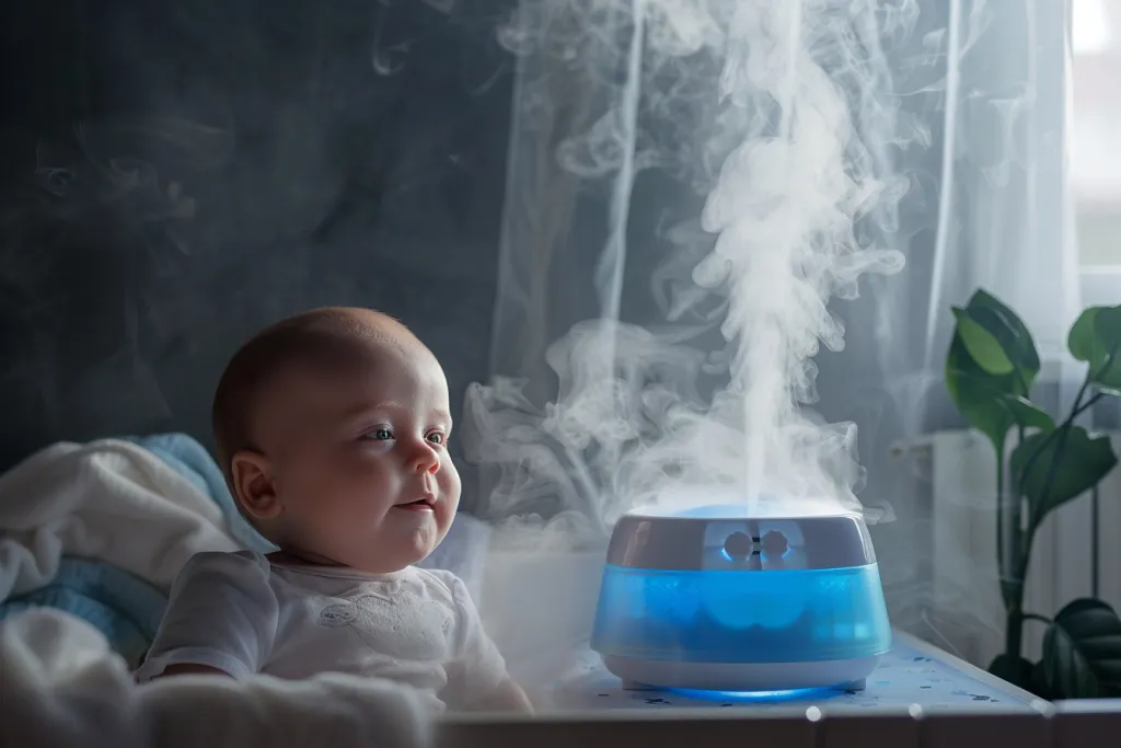 Man sieht ein Baby in seinem Kinderbett, das den Nebel eines ultrabemalten blau-weißen Luftbefeuchters genießt