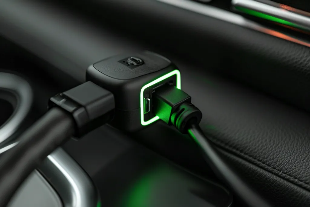 Siyah bir araba dualfangel ayrıca beyaz arka plana sahip yeşil anahtar arayüz kablosu