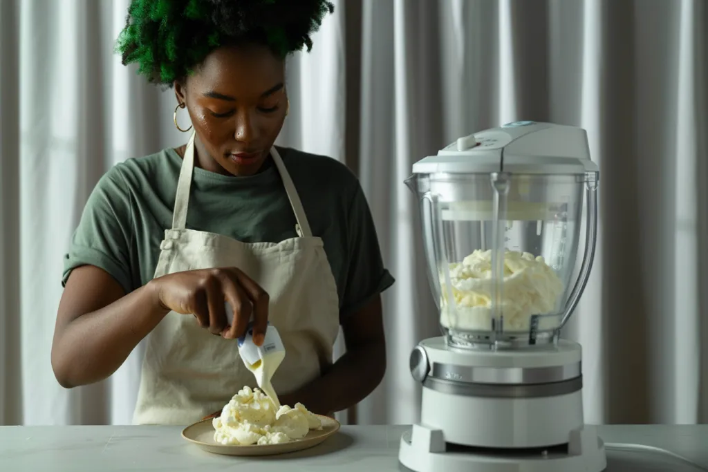 A black woman is using an ice cream maker