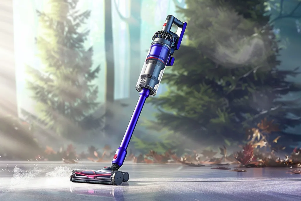 A blue and purple cordless vacuum cleaner