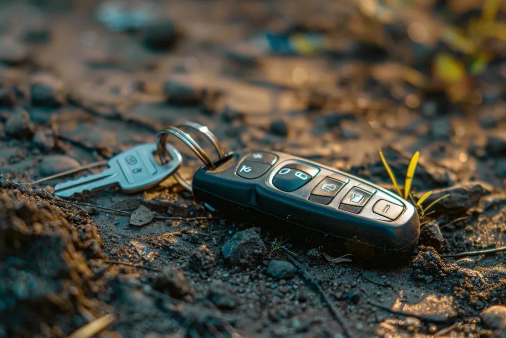Kunci mobil dengan remote control di tanah