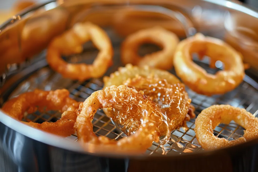 A close-up shot of onion rings being fried in oil inside an deep fryer