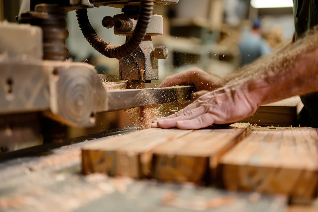 Un primer plano de las manos usando una sierra de cinta de mesa para cortar madera.