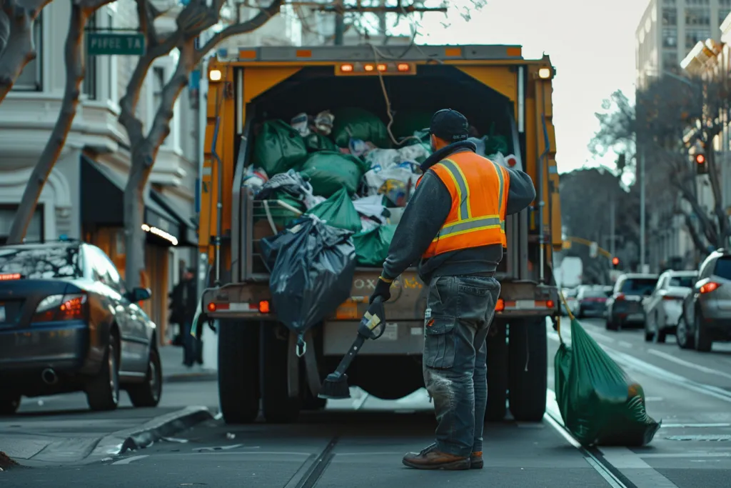 A garbage truck is picking up trash from the street