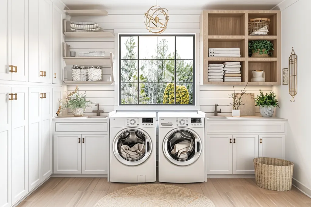 Uma foto realista e de alta qualidade de uma lavanderia elegante com combinações de lavadora e secadora
