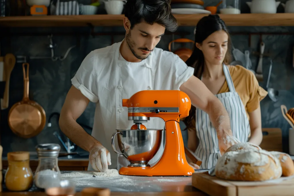 Un hombre está usando una batidora de cocina naranja para mezclar la masa de pan