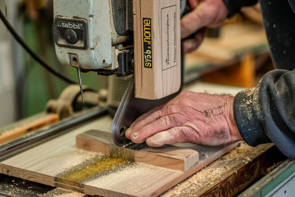 Un uomo usa la sega a nastro per tagliare il legno