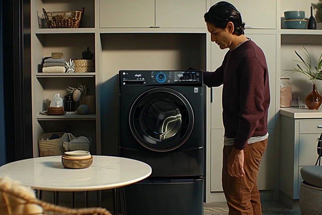 Bir adam çamaşır makinesini kullanıyor