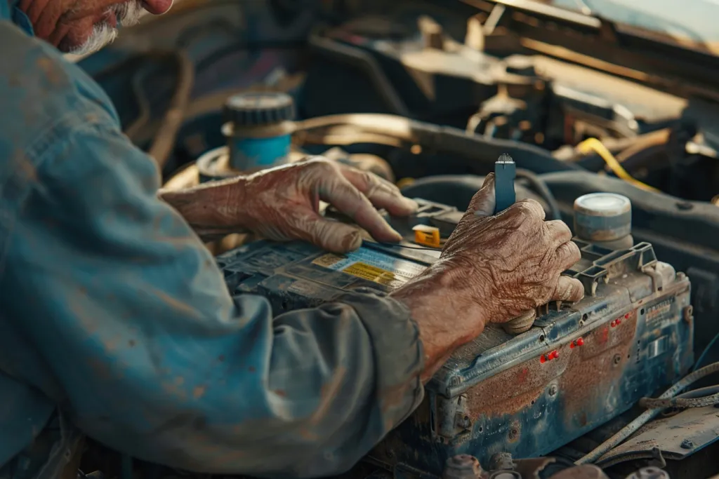 Um mecânico está colocando a bateria no capô de um carro aberto