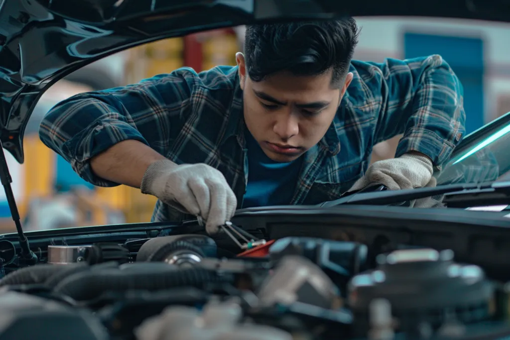 A mechanic is working on the engine of an SUV