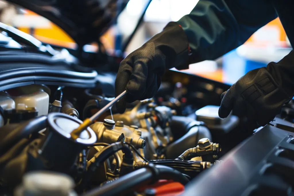 A mechanic wearing black gloves is working on the engine of his car