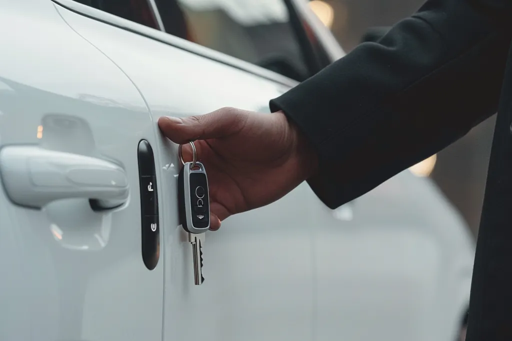 Une personne détenant une clé de voiture tend la main pour ouvrir une porte électrique