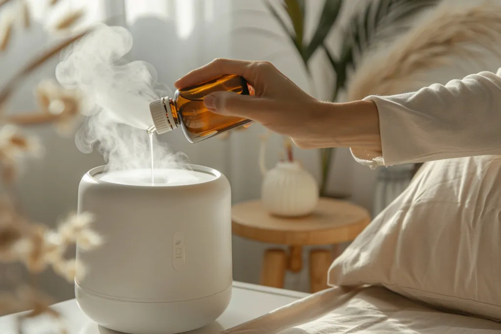 A person is holding an essential oil bottle and pouring it into the humidifier