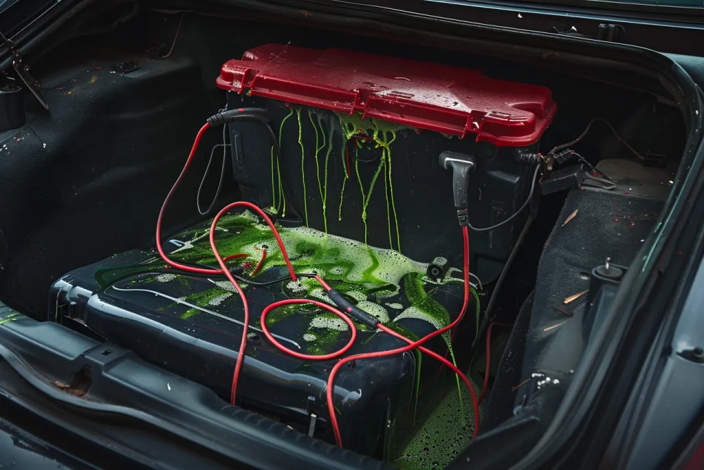 Uma foto de uma bateria de carro vazia no porta-malas