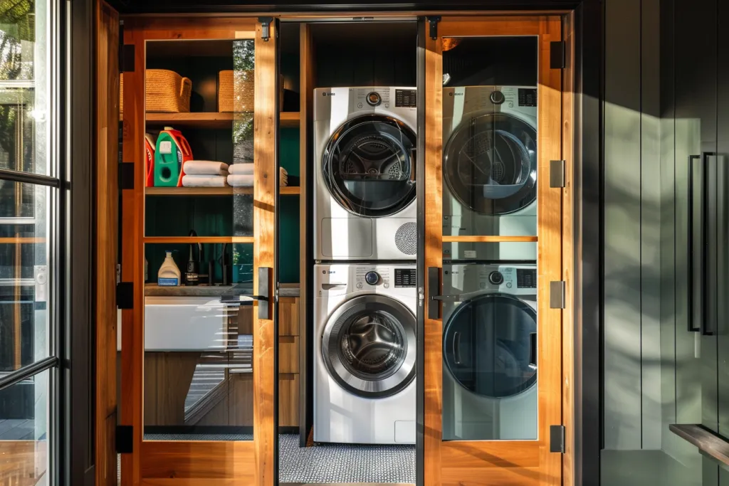 Ein Eingang zur Waschküche zeigt stapelbare Waschmaschinen und einen Trockner
