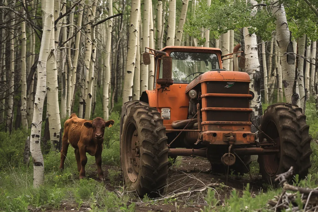 A photo of an old tractor with large tires and a cow next to it