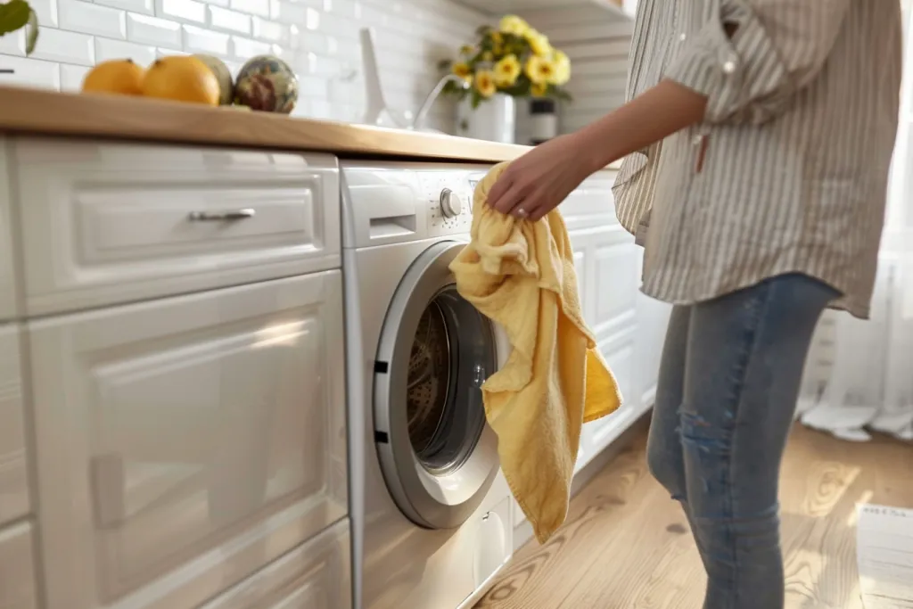 Фотография, на которой кто-то кладет белье в стиральную машину.