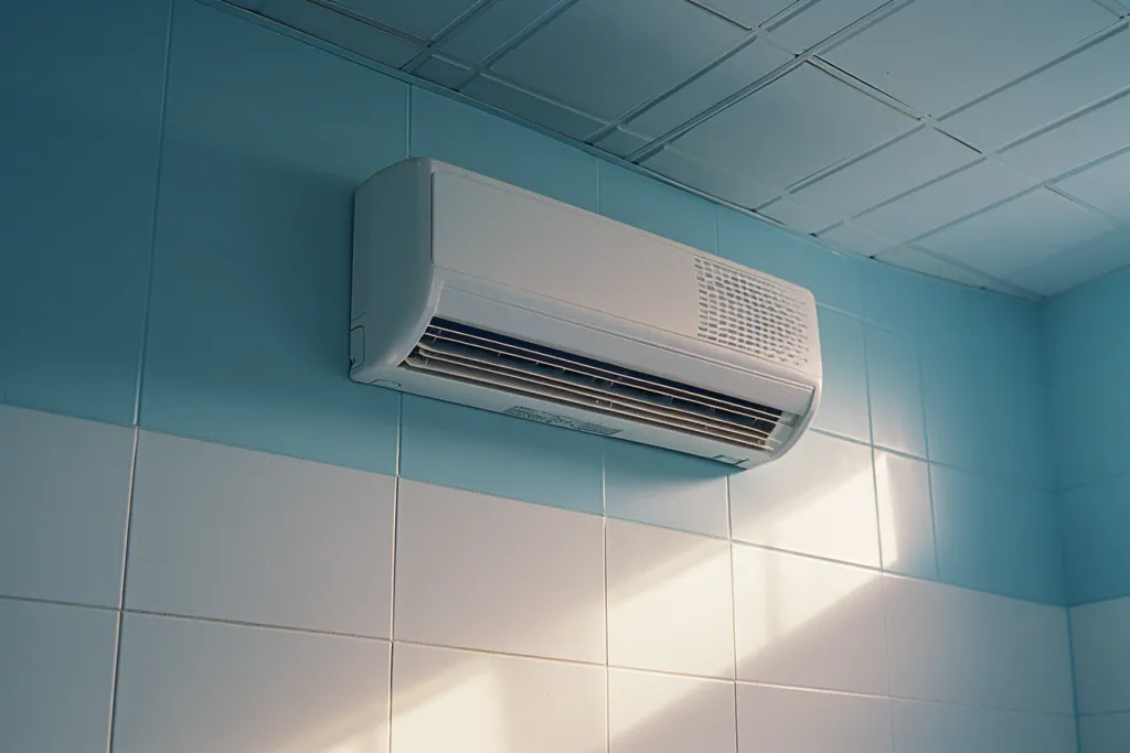 Une photo montre un climatiseur mural blanc au design élégant
