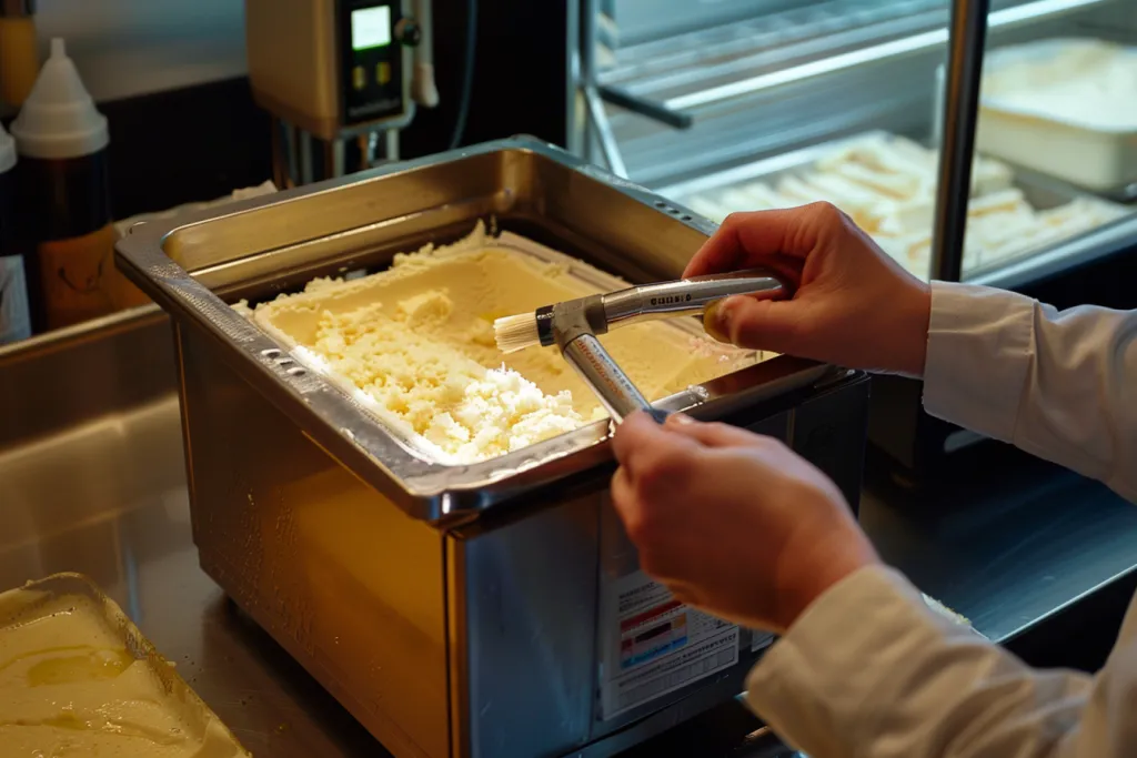 Fotoğrafta tek fırçayla temizlenen bir dondurma makinesi görülüyor